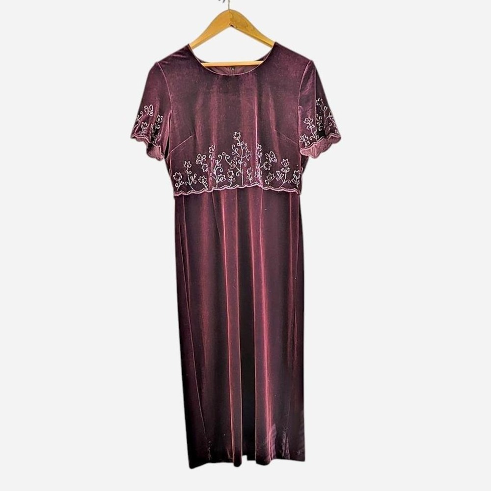 Vintage 90s Sag Harbor Plum Velvet Embroidered Midi Dress Size 8